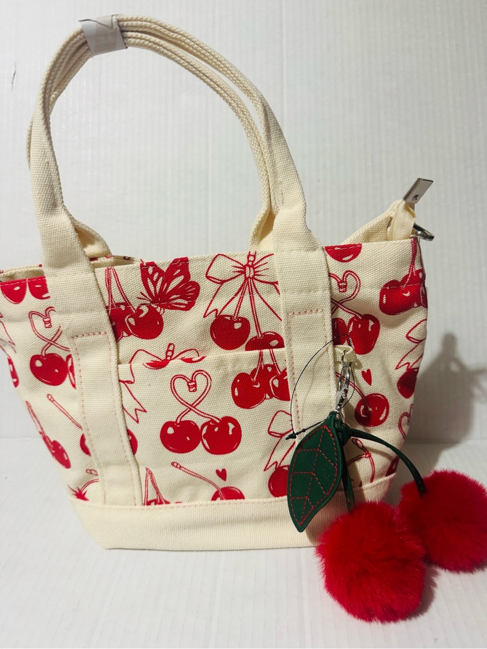 Canvas Cherry Print Tote Bag with Red Pom Pom Charm BNWT